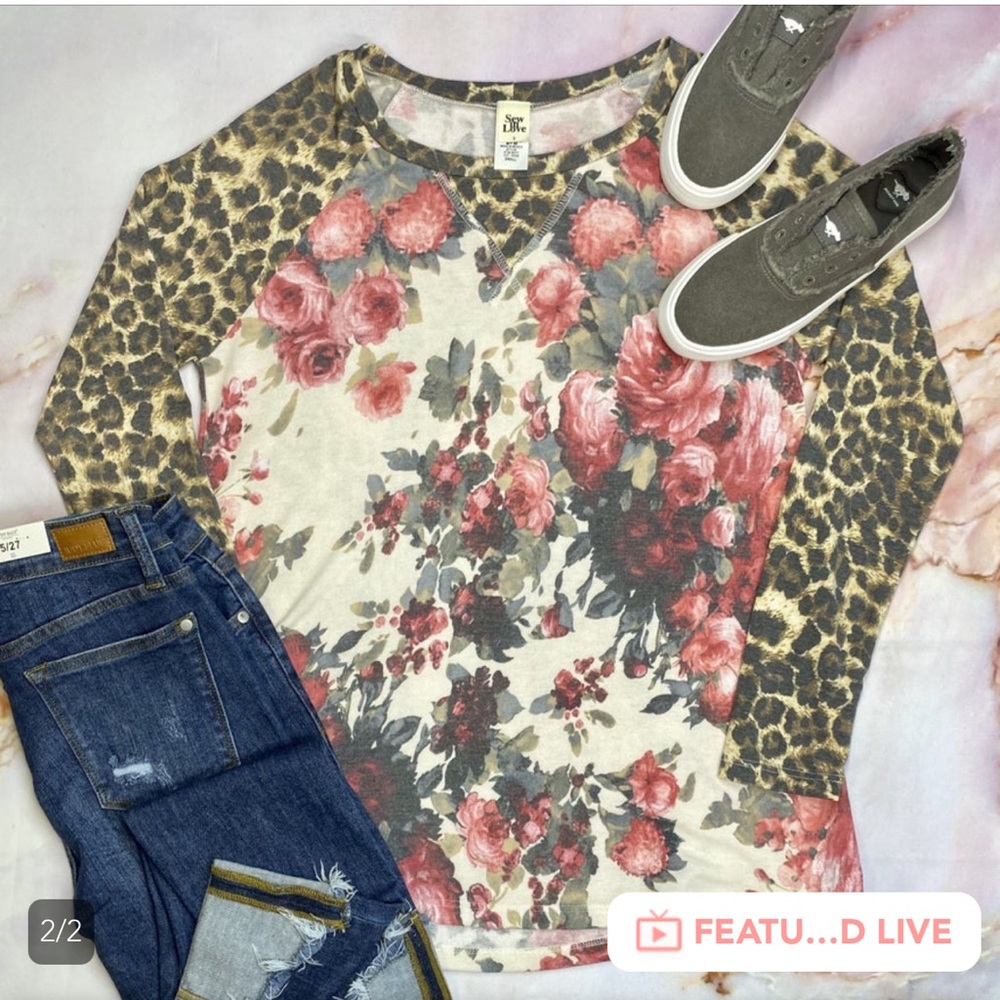 Floral top with cheetah accents and sleeves. Sew In Love. Small